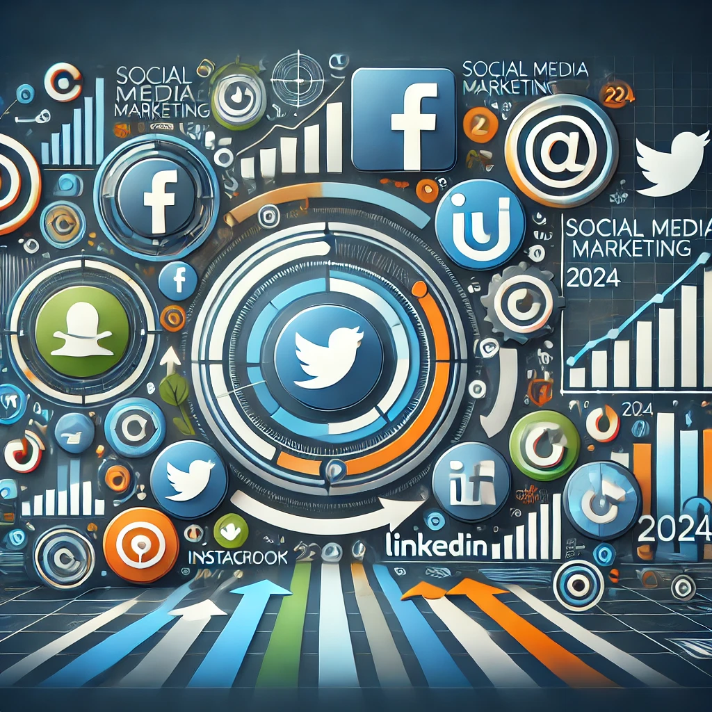 Immagine di anteprima che rappresenta una strategia vincente di Social Media Marketing per il 2024, con icone di piattaforme social come Facebook, Instagram, LinkedIn e TikTok, frecce e grafici di crescita.