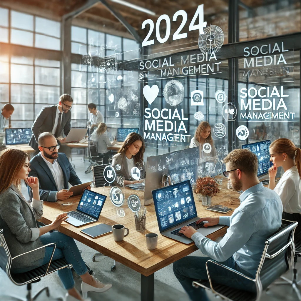 Un team di social media manager lavora in un ufficio moderno utilizzando strumenti avanzati per gestire strategie SMM.