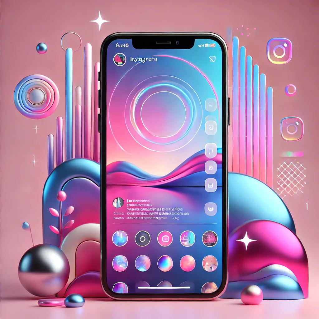 Template per storie di Instagram con colori vivaci e smartphone che mostra contenuti dinamici.