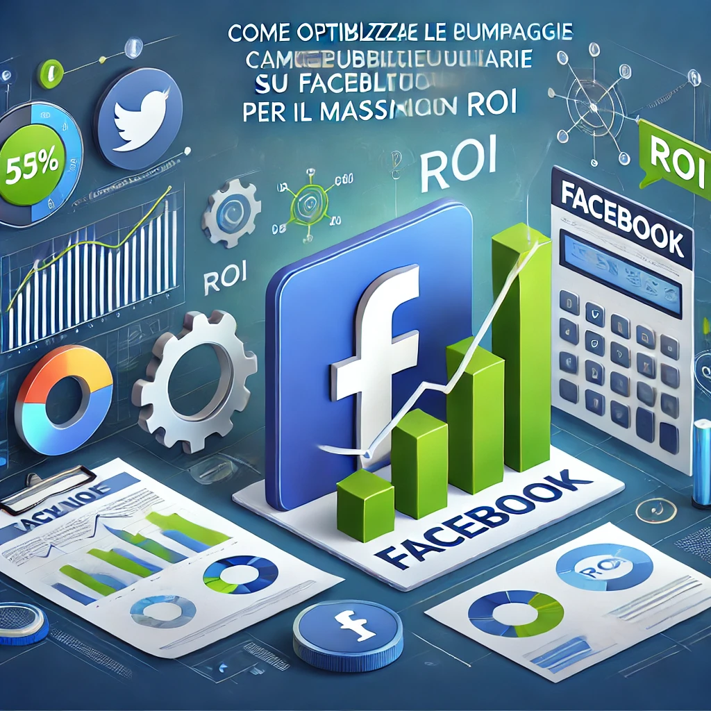 Immagine di anteprima per un articolo su come ottimizzare le campagne pubblicitarie su Facebook per ottenere il massimo ROI, con elementi come il logo di Facebook, grafici di crescita e icone di ROI.