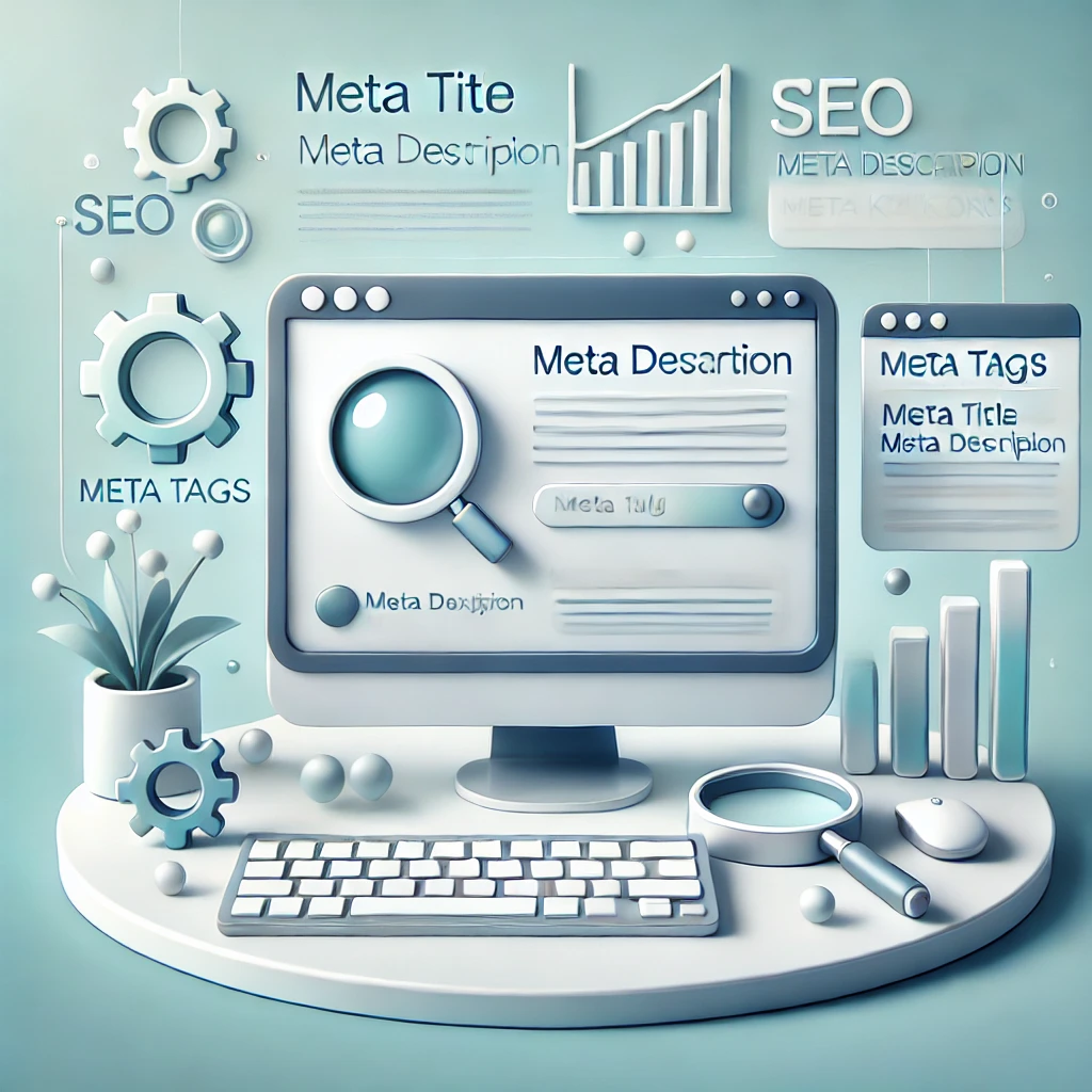Illustrazione moderna dell'ottimizzazione dei meta tag per il SEO nel 2024, con icone SEO e un computer che mostra meta title e meta description.