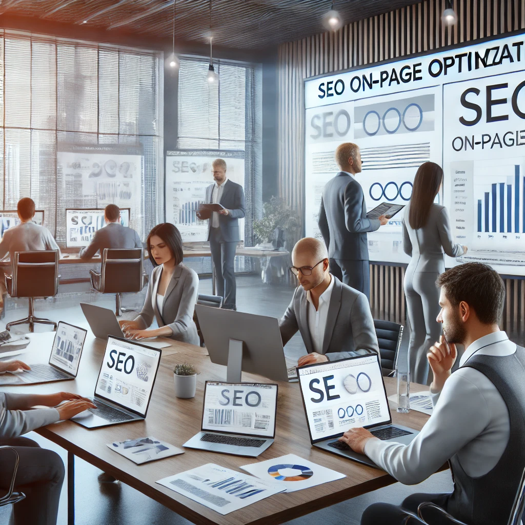 Un team di specialisti SEO che lavora su un progetto di ottimizzazione di un sito web, analizzando pagine e regolando elementi SEO come parole chiave e meta tag.