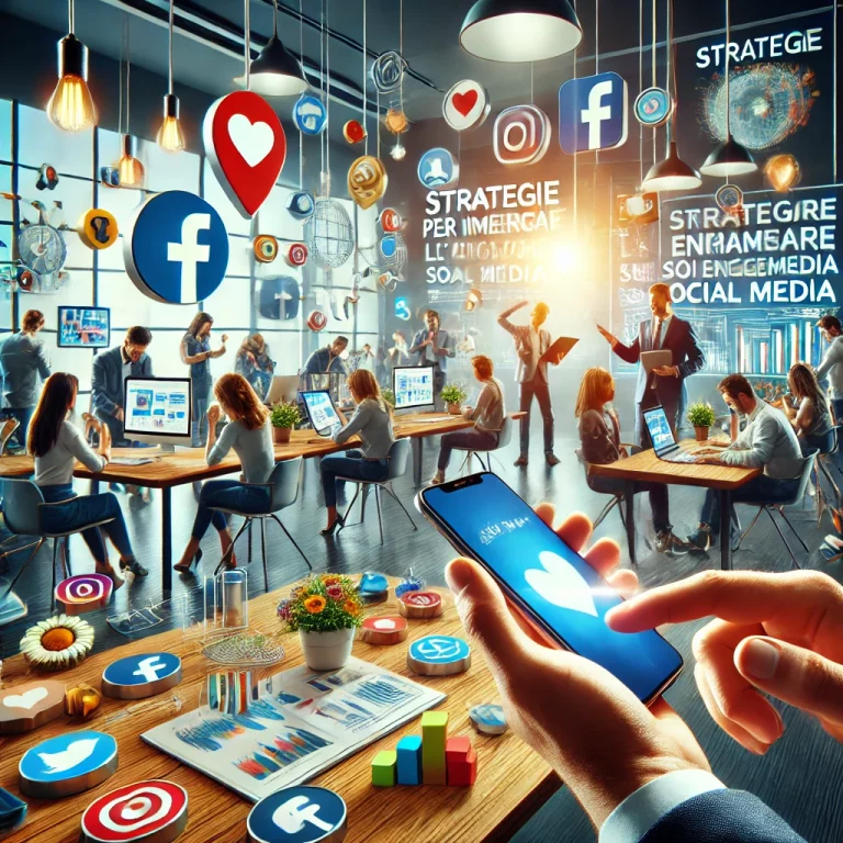 Marketers che lavorano su strategie per aumentare l'engagement sui social media nel 2024, utilizzando dispositivi come smartphone, laptop e tablet in un ambiente d'ufficio moderno.