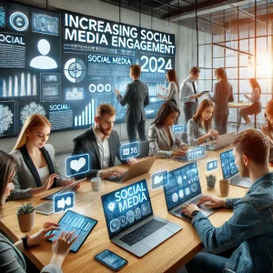 Un gruppo di marketer che lavora insieme in un ufficio moderno per aumentare l'engagement sui social media, utilizzando laptop, tablet e smartphone per creare contenuti e analizzare metriche.