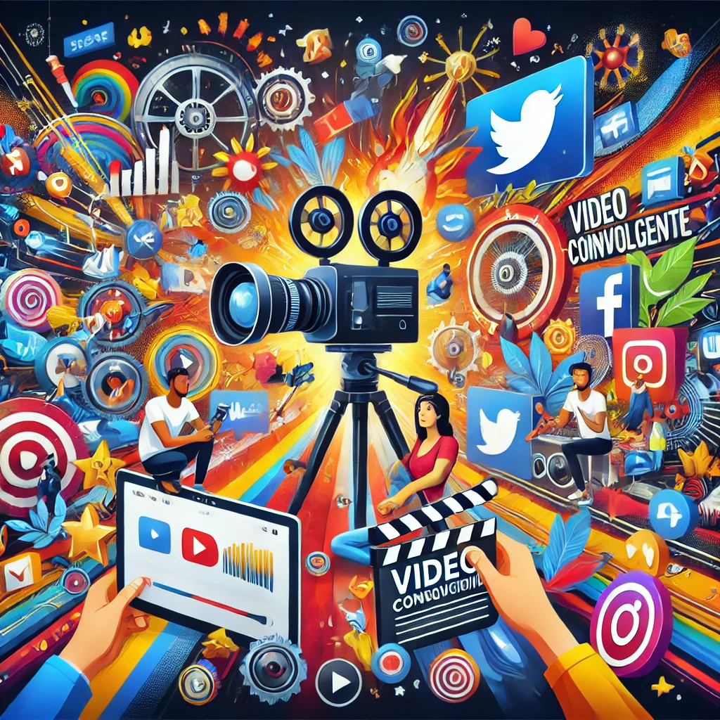 Scena dinamica legata alla creazione di video per le piattaforme social, con elementi come fotocamere, icone dei social media e strumenti di editing video.
