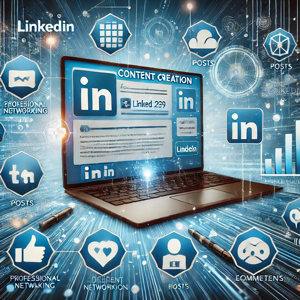 Immagine che rappresenta la creazione di contenuti per il marketing su LinkedIn, con un laptop che mostra un profilo LinkedIn, post, grafici e icone di networking professionale.