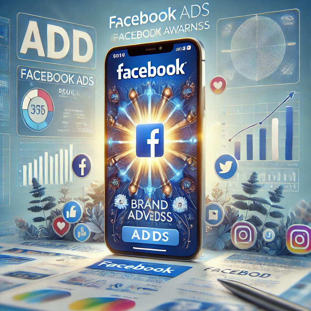 Smartphone che mostra una Facebook Ads per aumentare la brand awareness, con icone dei social media e grafici di engagement.