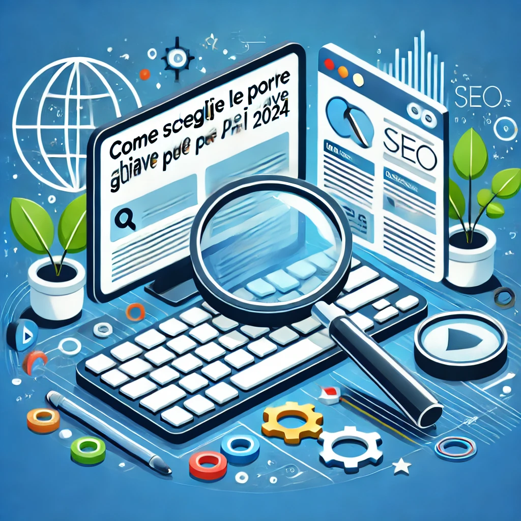 Immagine di anteprima che rappresenta la ricerca delle parole chiave per il SEO nel 2024, con una barra di ricerca, una lente d'ingrandimento e parole chiave su uno schermo digitale.