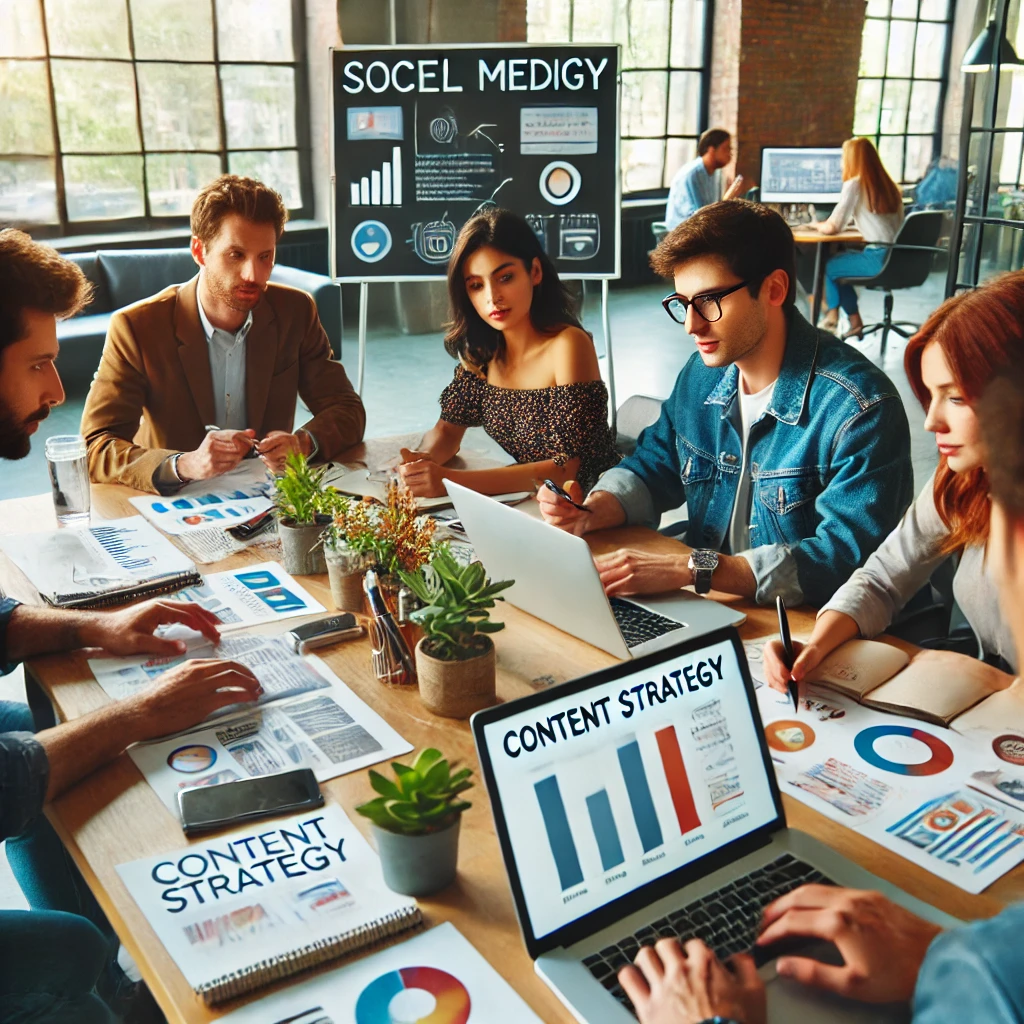 Un team creativo pianifica una strategia di contenuti per i social media in mercati di nicchia.