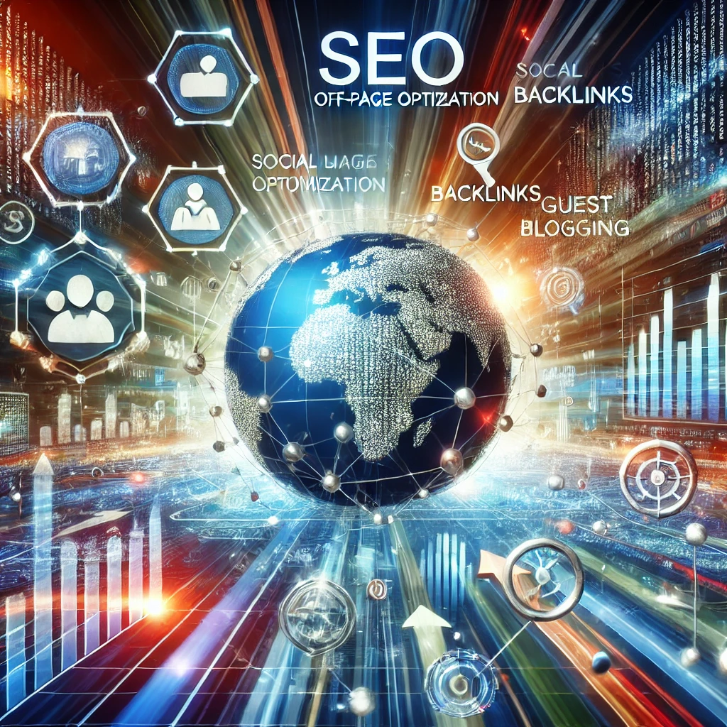 Immagine che rappresenta l'ottimizzazione SEO Off-Page, con una rete di siti web collegati tramite link e icone di social media, backlink e guest blogging.