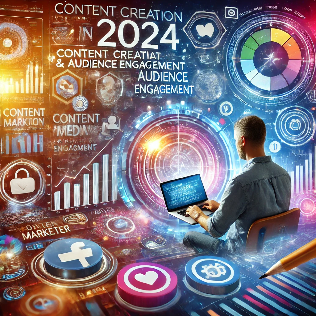 Marketer digitale crea contenuti per aumentare l'engagement, circondato da icone social e grafici di metriche di coinvolgimento.