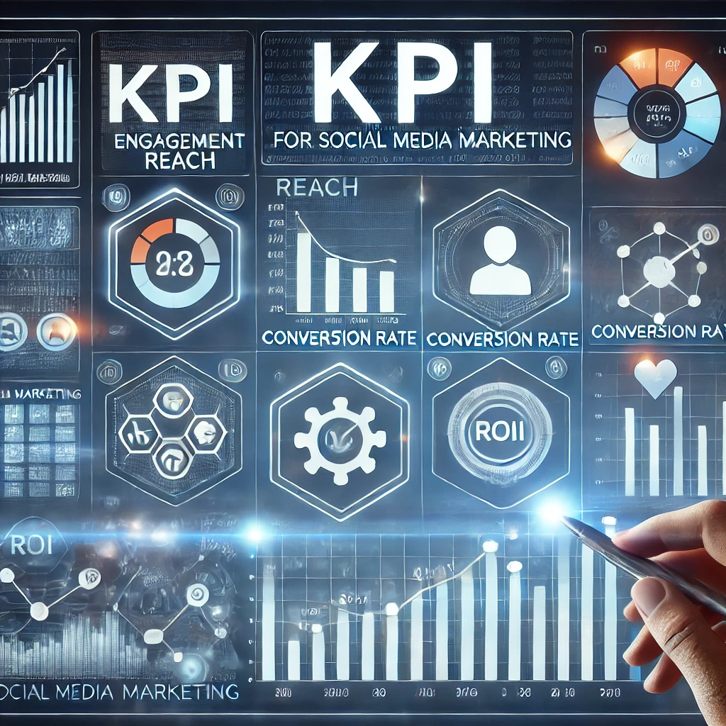 Immagine che rappresenta la misurazione dei KPI per campagne di Social Media Marketing (SMM), con icone di metriche chiave come engagement, reach, tasso di conversione e ROI visualizzate su grafici.