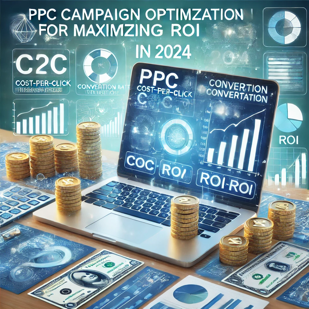 Dashboard che mostra metriche di ottimizzazione delle campagne PPC, come CPC e ROI, con icone di grafici e monete.