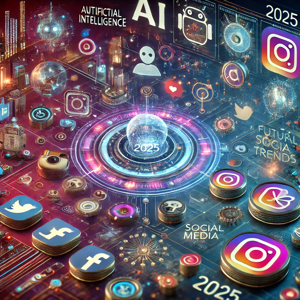 Icone di intelligenza artificiale, realtà aumentata e piattaforme social per rappresentare le tendenze dei social media del 2025.