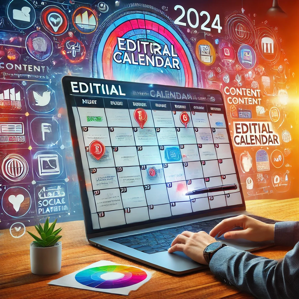 Un marketer digitale pianifica contenuti su un calendario editoriale per il 2024, con icone di piattaforme social e blog.