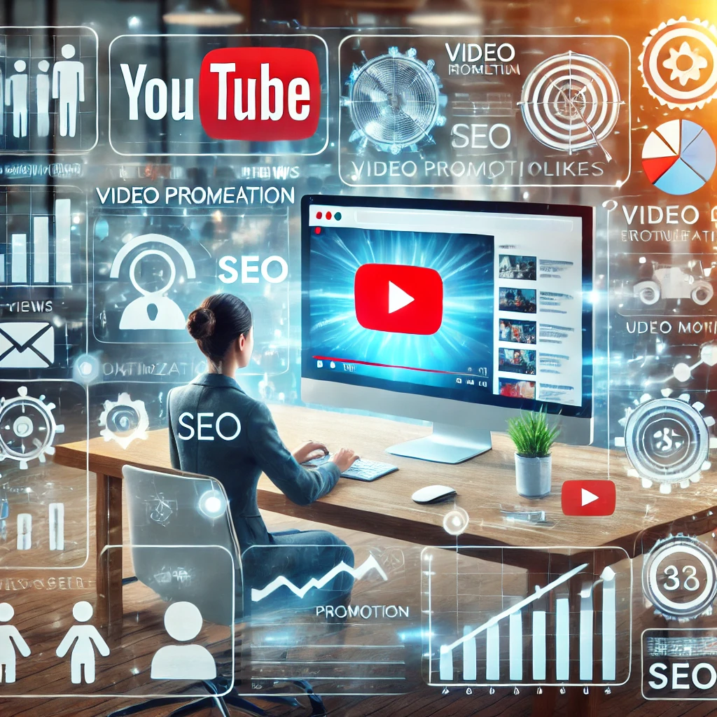 Un marketer digitale lavora su una strategia di promozione video su YouTube, con metriche come visualizzazioni e engagement.