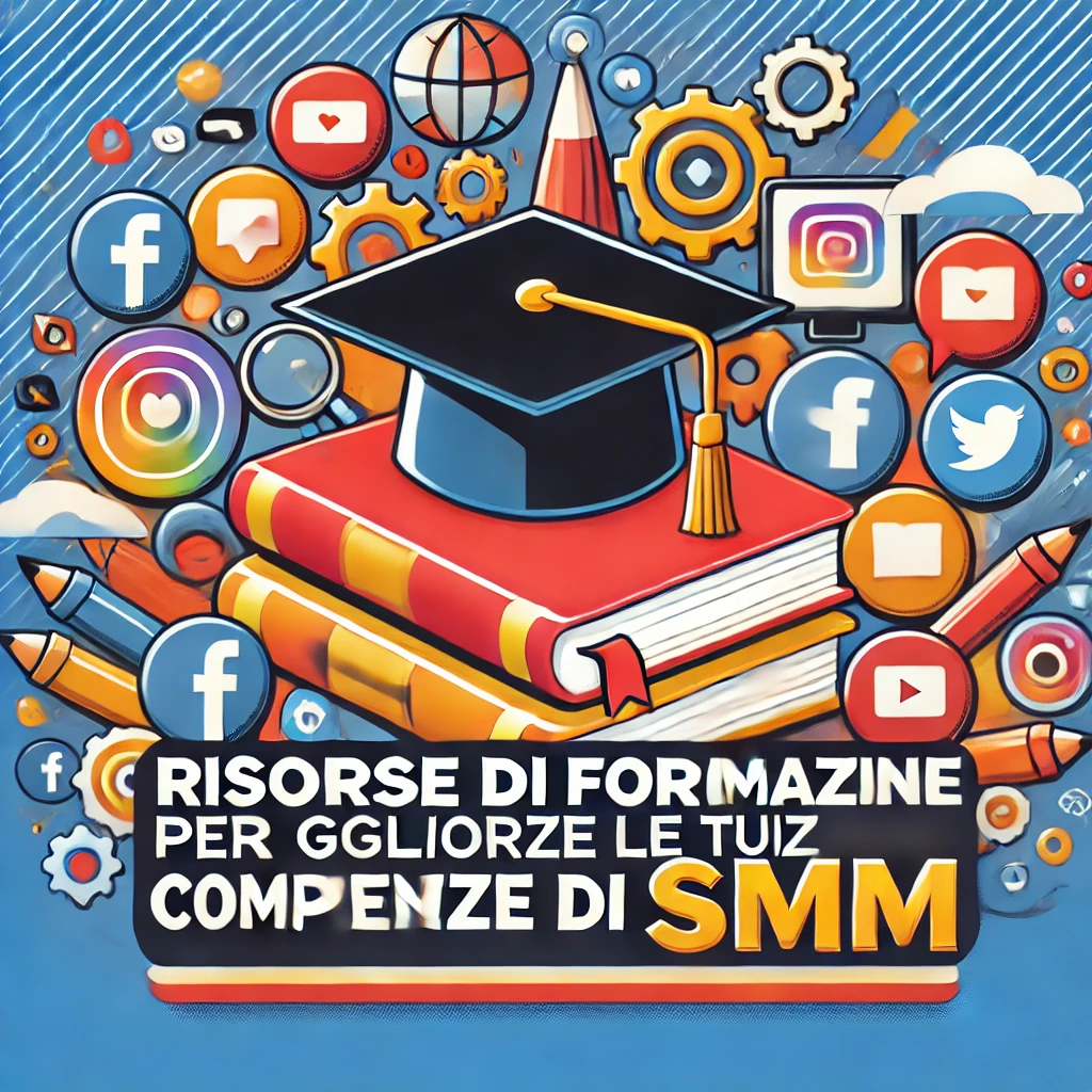 Immagine di anteprima per l'articolo "Risorse di formazione per migliorare le tue competenze di SMM" con elementi colorati come libri, cappelli da laurea e icone di social media.