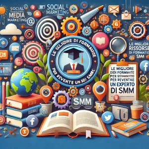 Grafica che rappresenta le risorse di formazione per diventare un esperto di Social Media Marketing.
