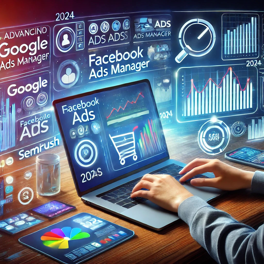 Strumenti avanzati per la gestione delle campagne pubblicitarie nel 2024, con analisi da Google Ads, Facebook Ads Manager e SEMrush.