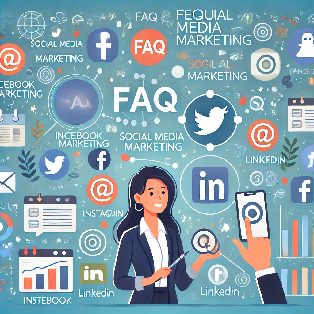 Un marketer risponde a domande frequenti sul Social Media Marketing (SMM) con icone di piattaforme social come Facebook, Instagram, LinkedIn e Twitter.