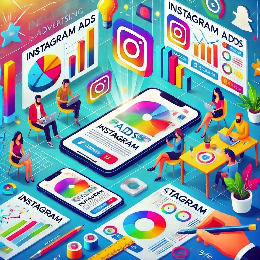 Un team di marketer pianifica una strategia pubblicitaria efficace su Instagram, con smartphone che mostrano inserzioni e grafici di dati.