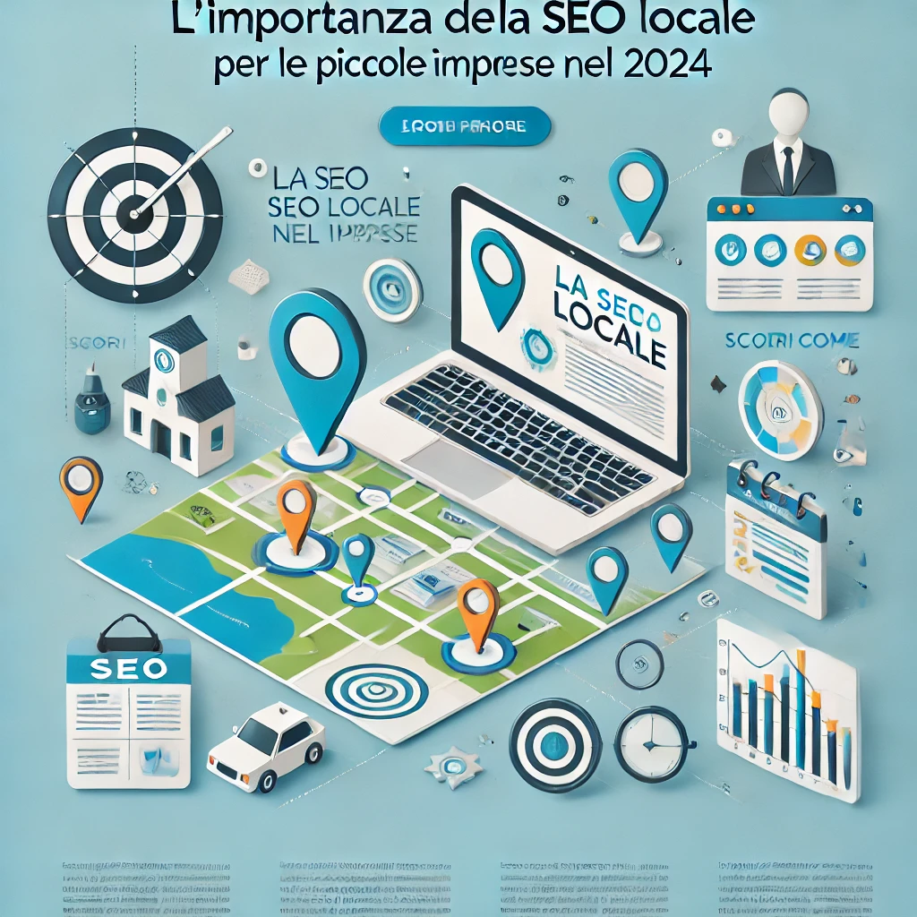 Immagine di anteprima per l'articolo "L’Importanza della SEO Locale per le Piccole Imprese nel 2024" con mappa, icone locali e laptop.