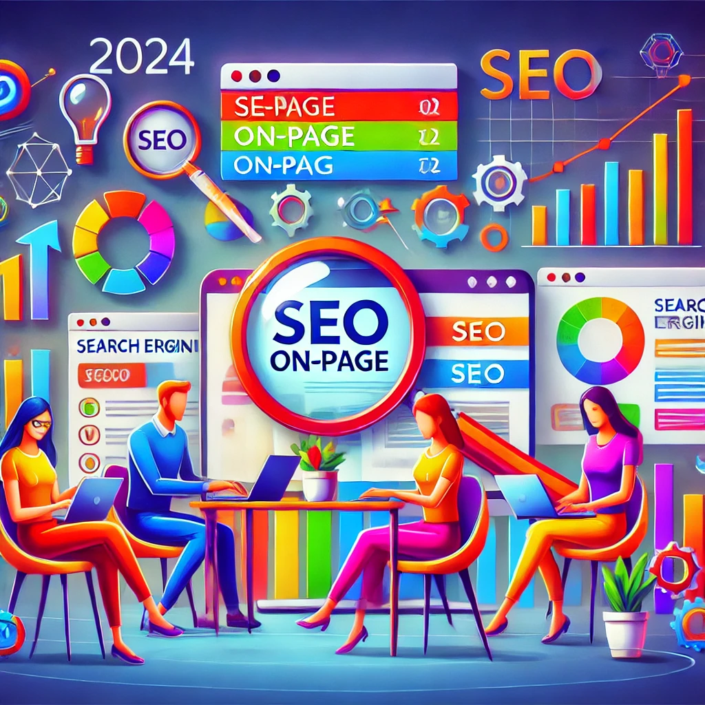 Un team di marketer ottimizza un sito web per il SEO On-Page nel 2024, analizzando metriche e creando contenuti di qualità.