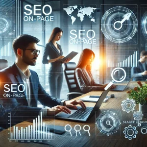 Un team di marketing professionale ottimizza un sito web per il SEO On-Page nel 2024, analizzando metriche e creando contenuti di qualità.