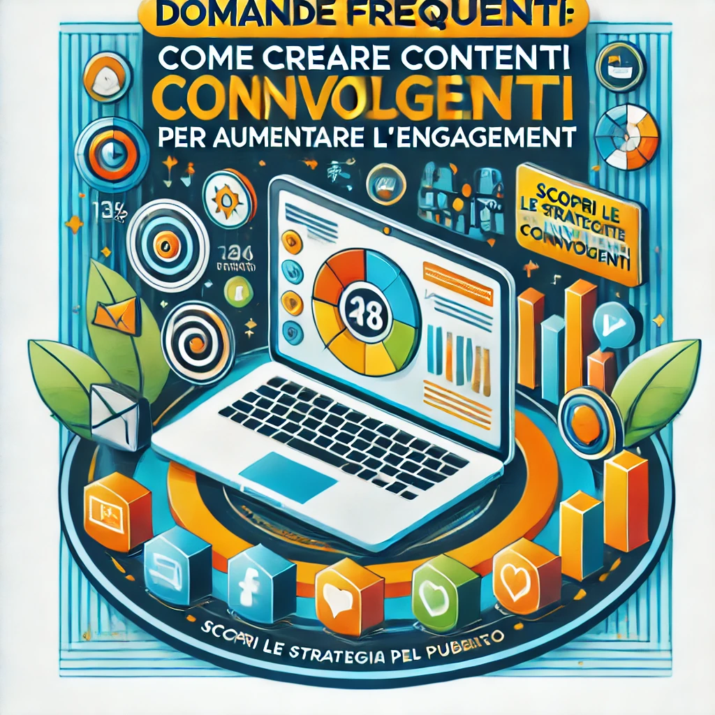 Immagine di anteprima per l'articolo "Come Creare Contenuti Coinvolgenti per Aumentare l’Engagement" con icone di video, infografiche e social media.