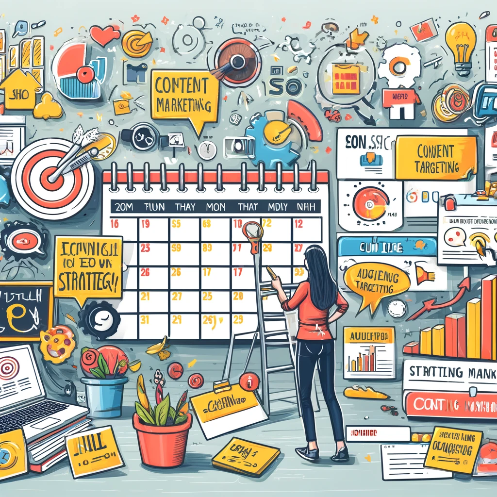 Illustrazione creativa di un piccolo imprenditore che pianifica una strategia di content marketing, con calendario e grafici.