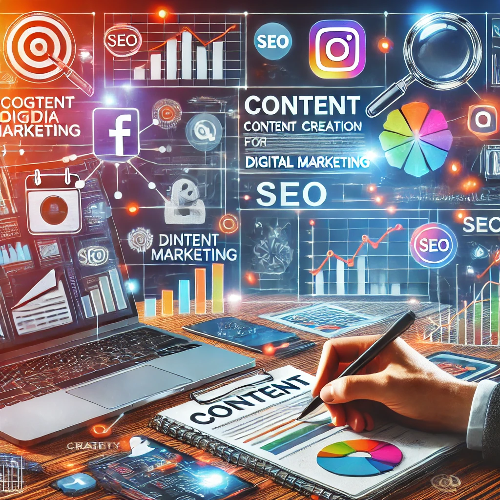 Visualizzazione creativa di un marketer digitale che lavora sulla creazione di contenuti per il marketing digitale, con grafici e icone dei social media.