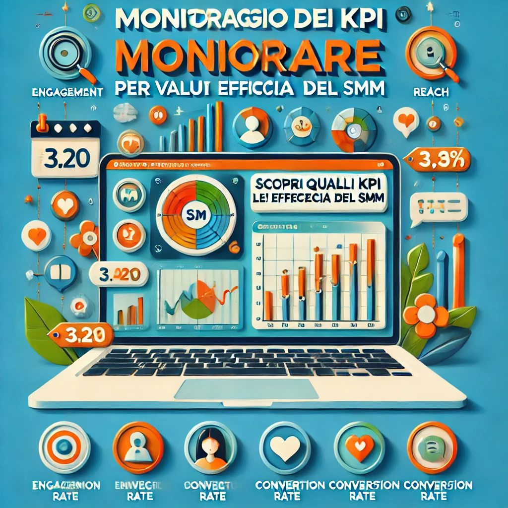 Immagine di anteprima per l'articolo "Monitoraggio dei KPI nel SMM" con icone di metriche social e laptop.
