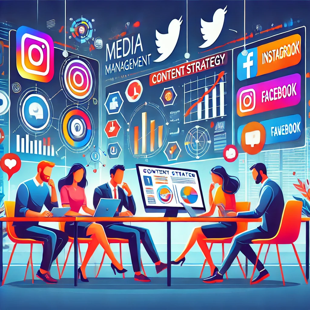 Un team di marketer pianifica una strategia di contenuti per la gestione dei social media nel 2024, con laptop, grafici e icone di social media come Instagram e Facebook.