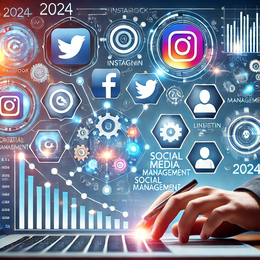 Rappresentazione di strumenti di gestione delle campagne social per il 2024 con icone di piattaforme come Facebook, Instagram e LinkedIn.