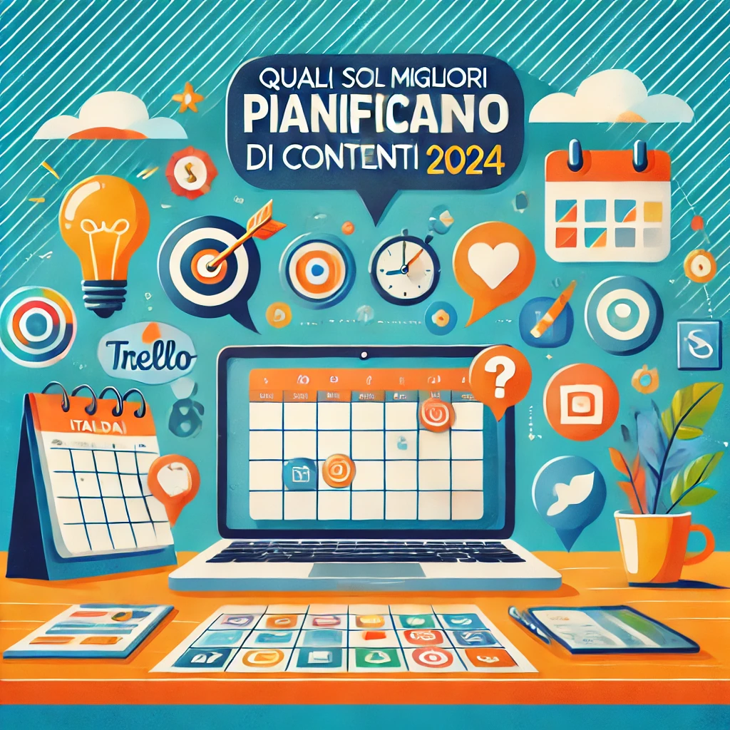 Immagine di anteprima per l'articolo "Strumenti per la Pianificazione di Contenuti 2024" con icone di strumenti di pianificazione.