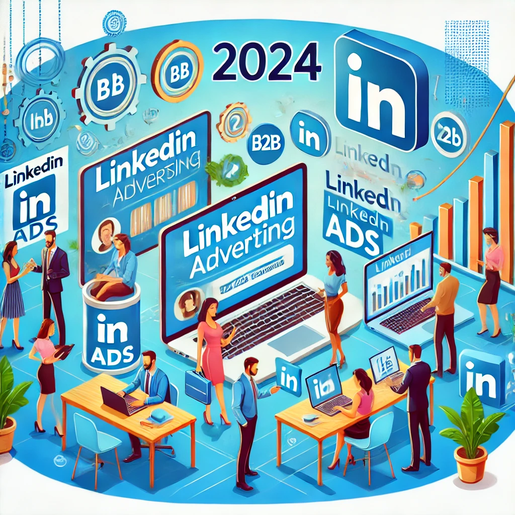 Marketer pianificano e implementano strategie pubblicitarie su LinkedIn per campagne B2B, con grafici di performance e annunci LinkedIn su schermi.