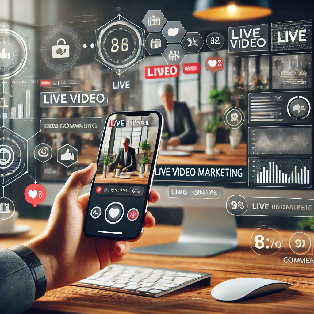 Dispositivo che trasmette un video live con icone di engagement come like, commenti e condivisioni, rappresentando la promozione del brand tramite video live.