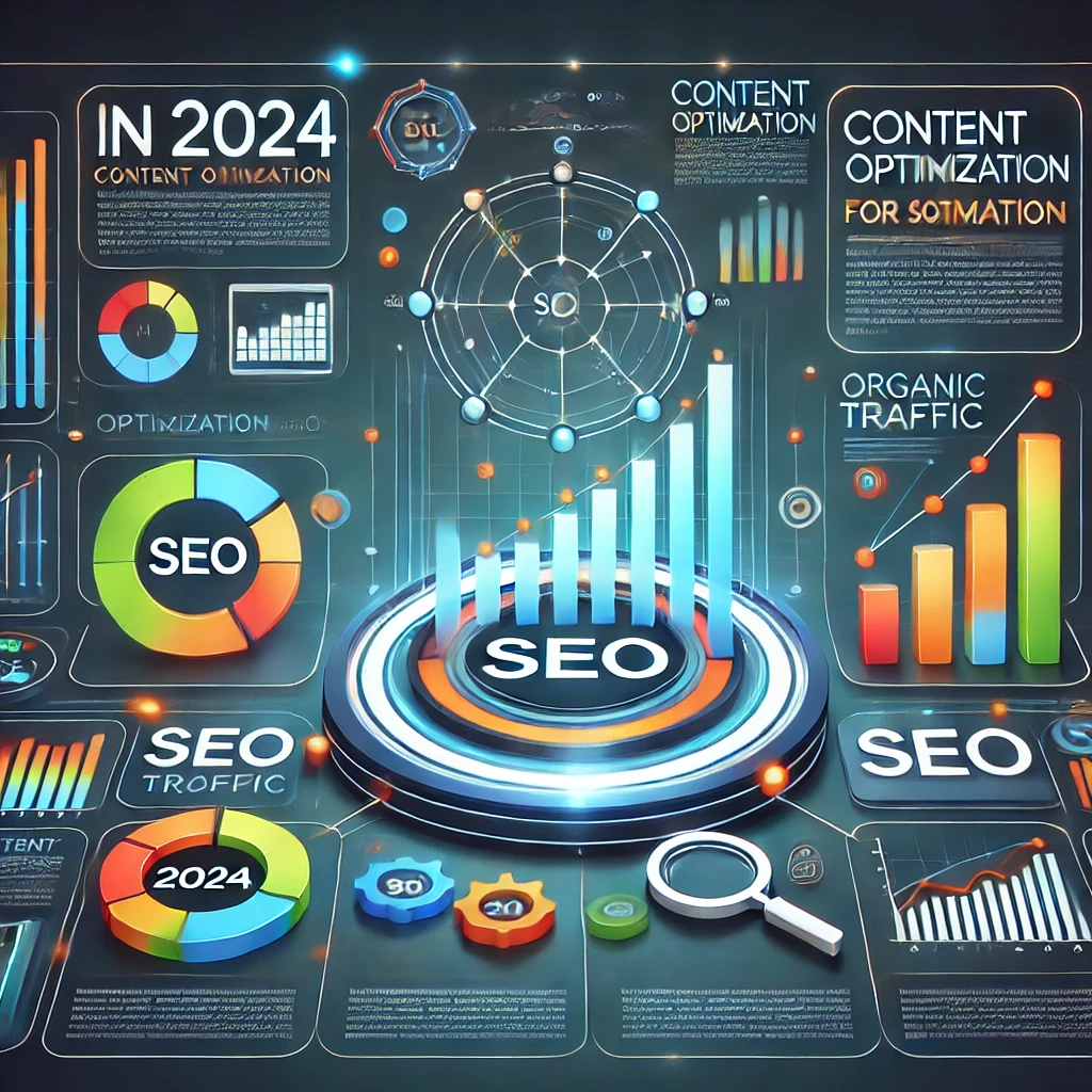 Illustrazione moderna che rappresenta l'ottimizzazione dei contenuti per SEO nel 2024, con grafici su traffico organico, utilizzo delle parole chiave e performance del sito.