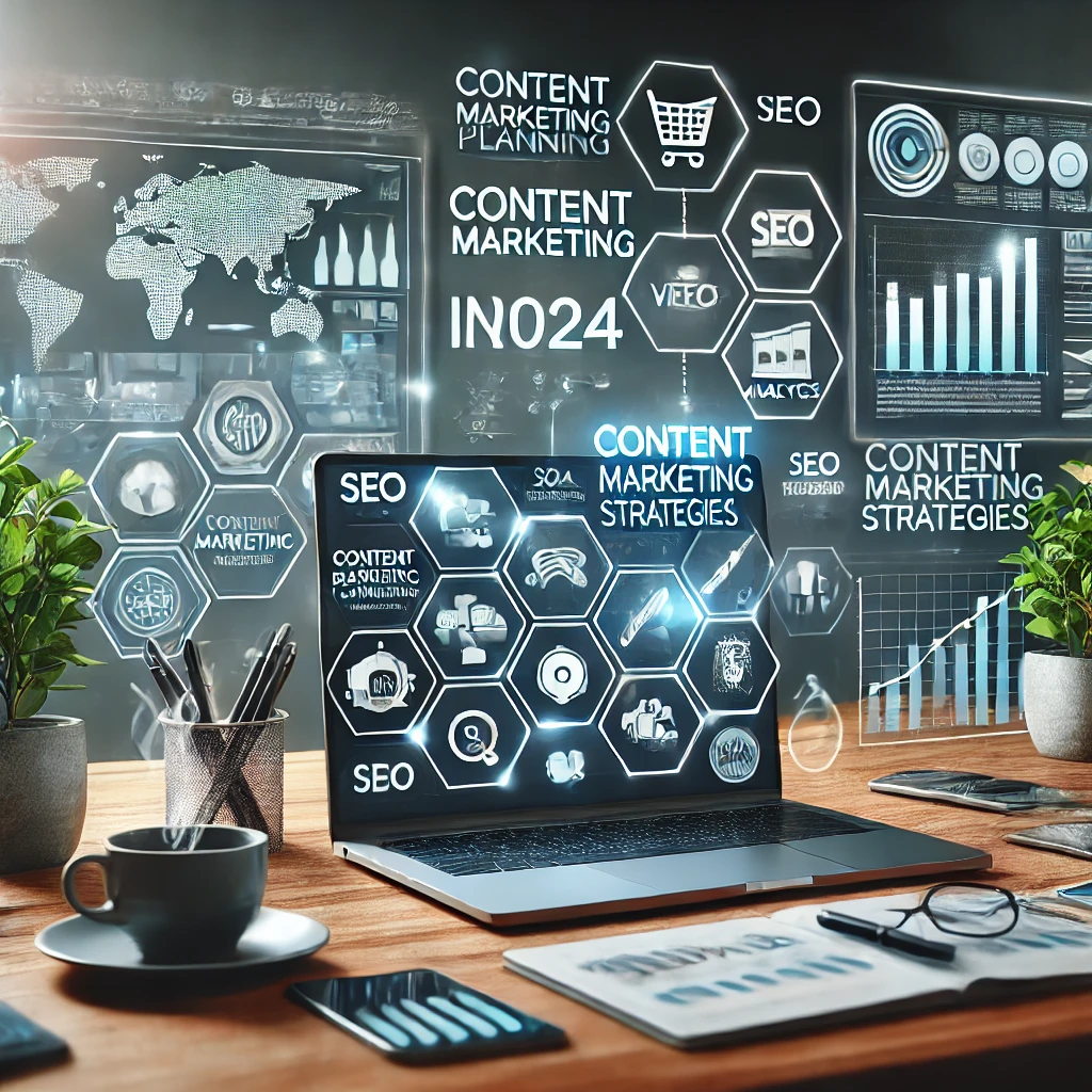 Dashboard di marketing che rappresenta strategie di content marketing per e-commerce, con pianificazione dei contenuti, analisi SEO e monitoraggio delle conversioni.