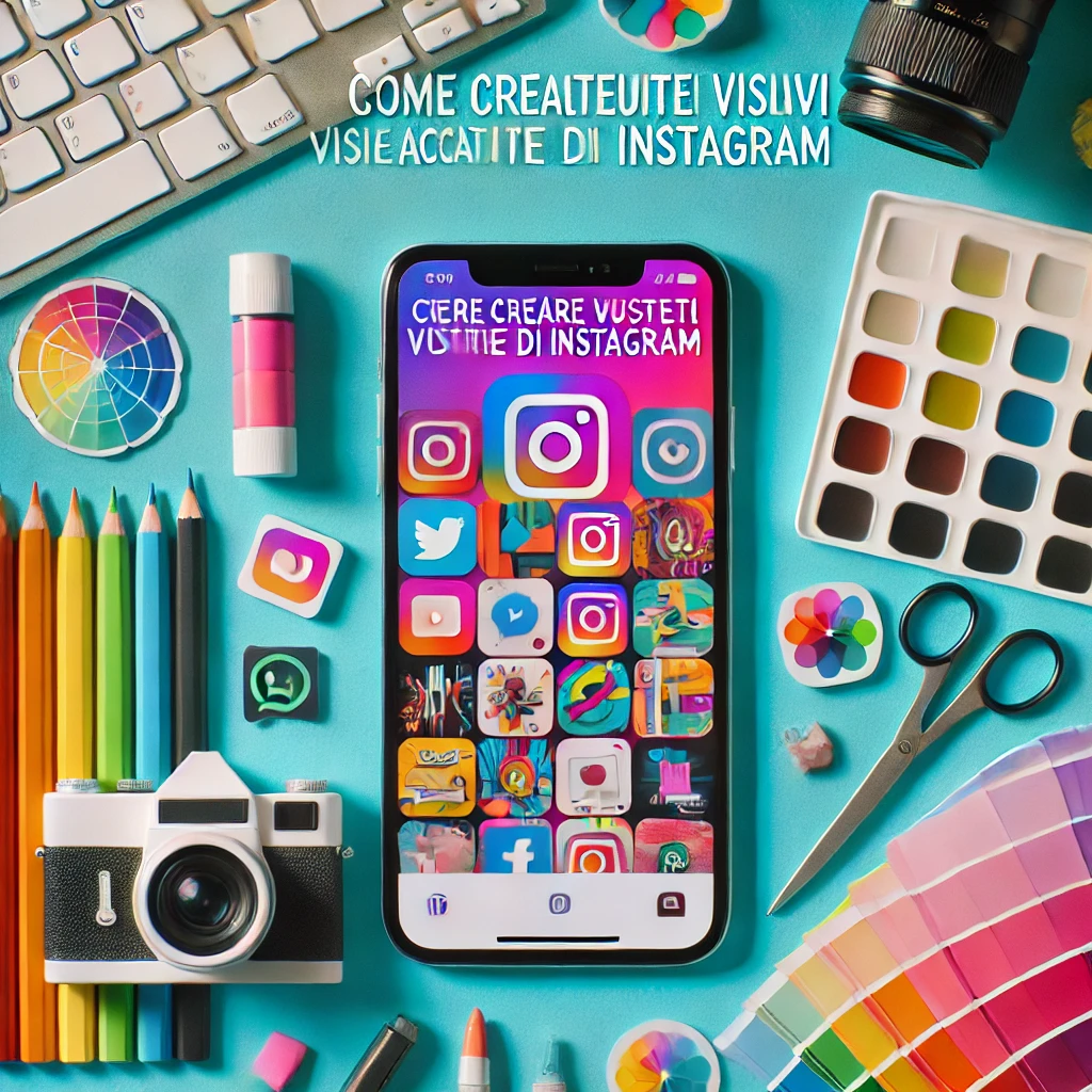 Immagine di anteprima per l'articolo "Creare Contenuti Visivi per Storie di Instagram" con smartphone e strumenti di design.