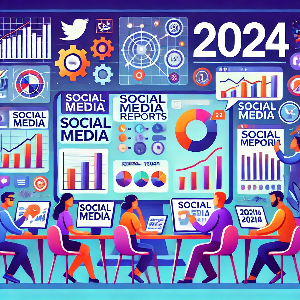 Un team di marketing crea e analizza report SMM per il 2024, con schermi che mostrano grafici, metriche e dati sui social media.