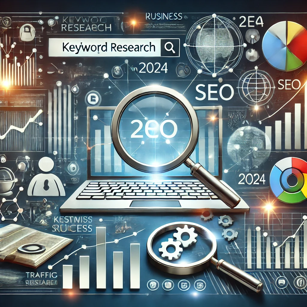 Illustrazione professionale che rappresenta la ricerca delle parole chiave per il successo del business nel 2024, con barre di ricerca, parole chiave e grafici di crescita del traffico.