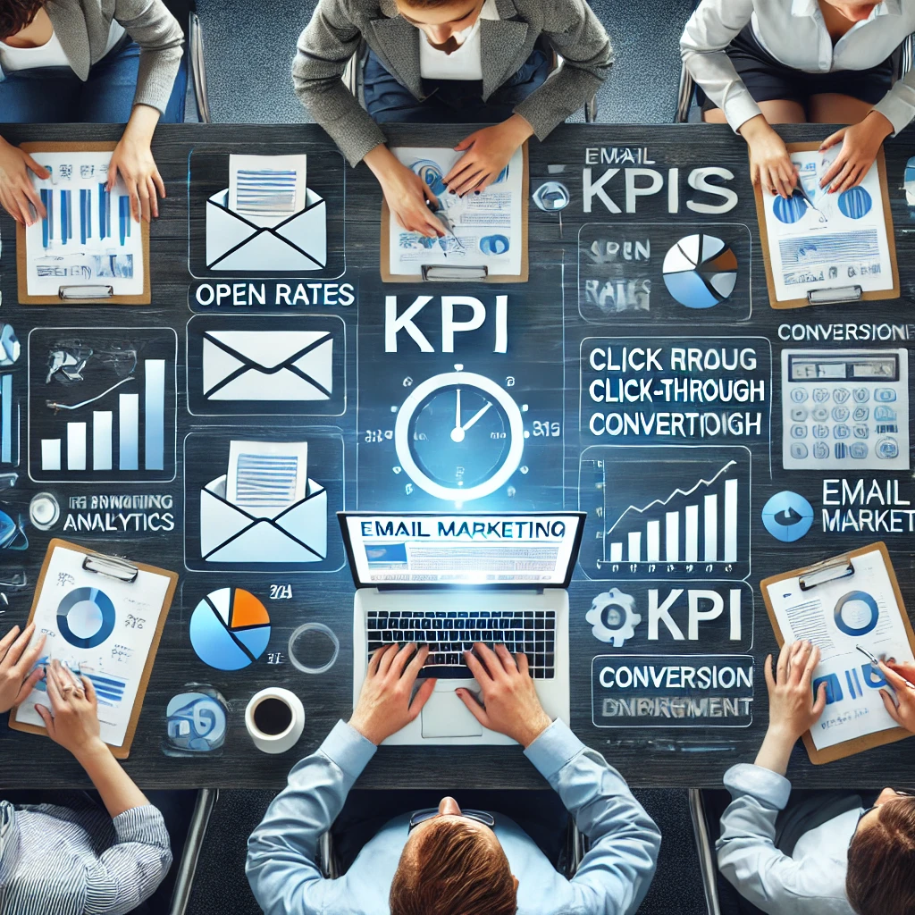 Un team di marketer analizza i KPI delle campagne di email marketing, come il tasso di apertura, il tasso di click e il tasso di conversione.