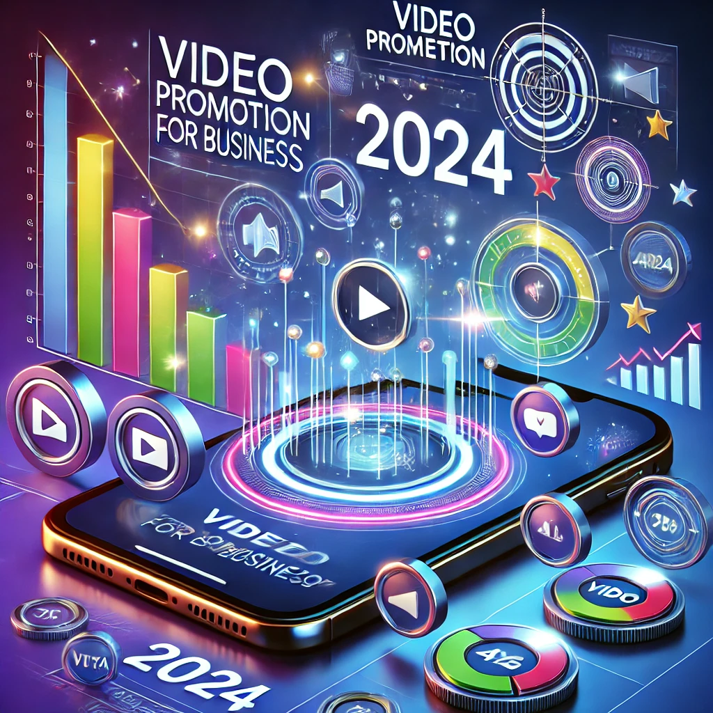 Illustrazione moderna che rappresenta la promozione video per il business nel 2024, con icone di contenuti video e grafici di crescita dell'engagement.