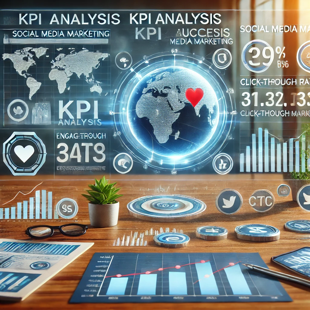 Dashboard digitale che mostra KPI per misurare il successo nel Social Media Marketing, con grafici di performance, icone dei social media e metriche come tasso di engagement e CTR.