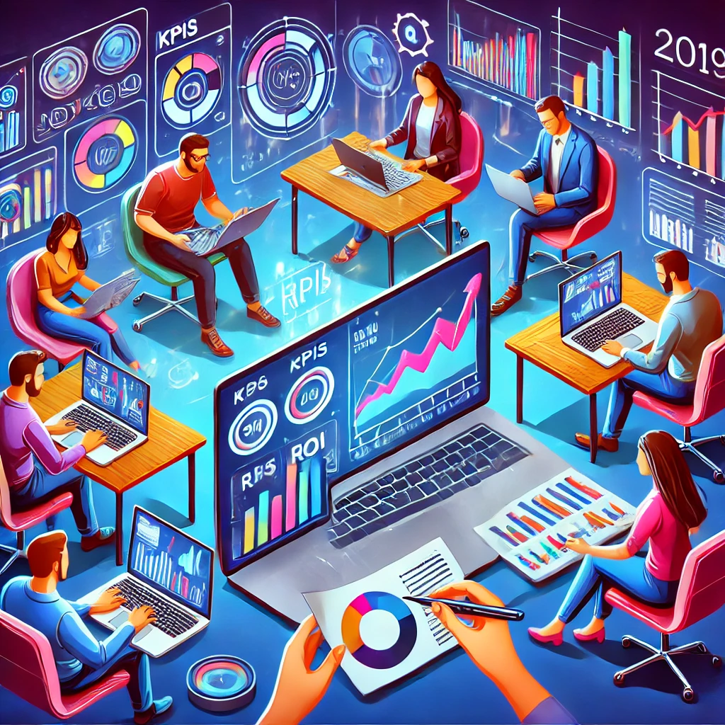 Un team di marketer crea report personalizzati per le campagne di marketing digitale, analizzando KPI e dati di performance.