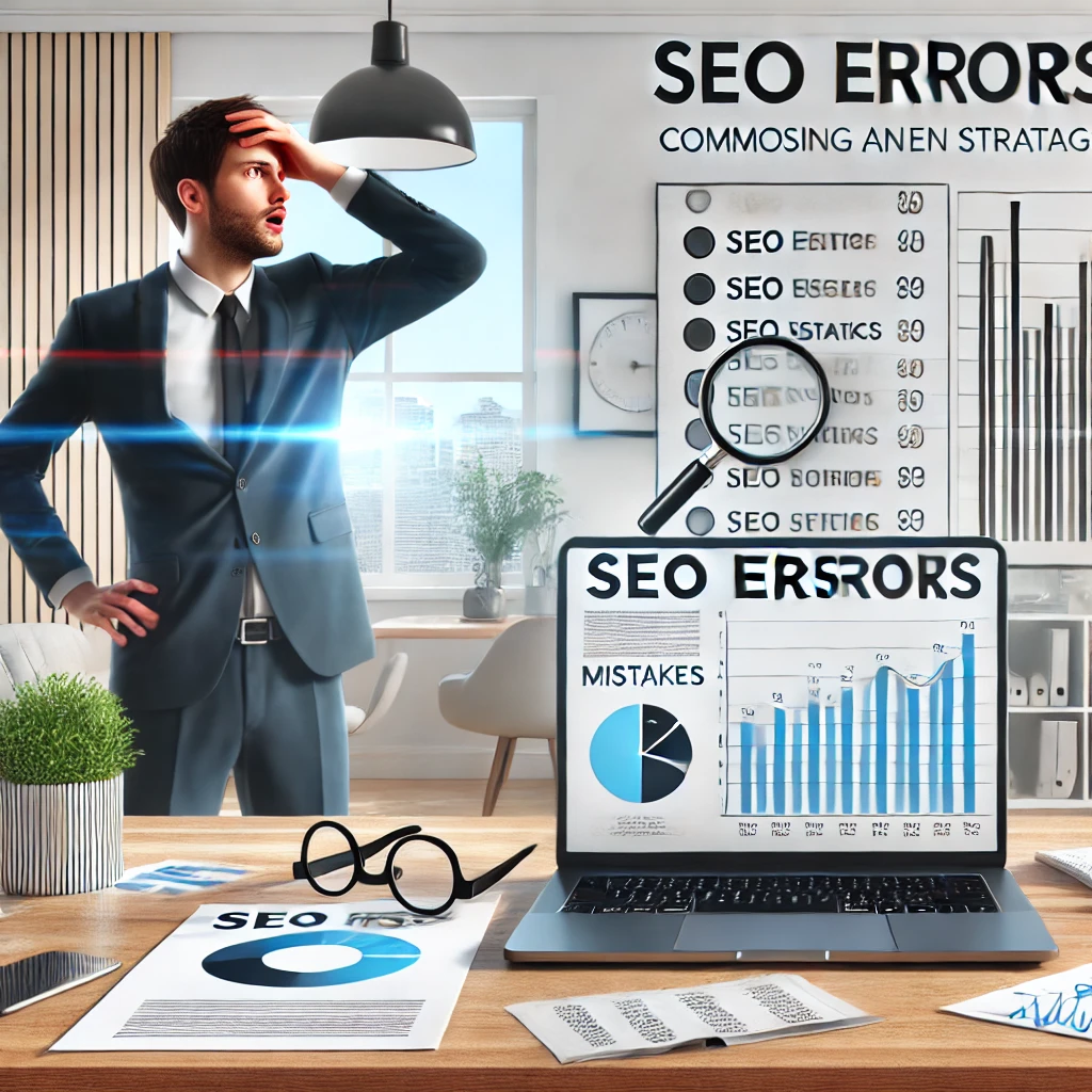 Un professionista analizza errori comuni nella scelta di una strategia SEO, con un laptop che mostra grafici e una lista di errori su un tavolo.