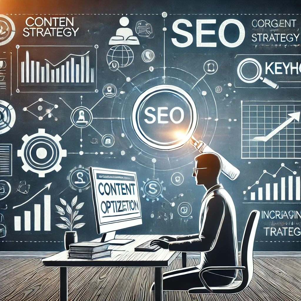 Persona che lavora all’ottimizzazione dei contenuti con simboli di SEO e parole chiave