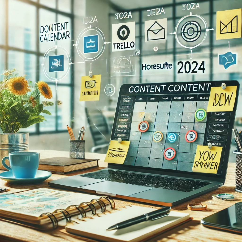 Scrivania organizzata per la pianificazione del contenuto nel 2024, con laptop che mostra un calendario editoriale e icone di strumenti come Trello e Hootsuite.