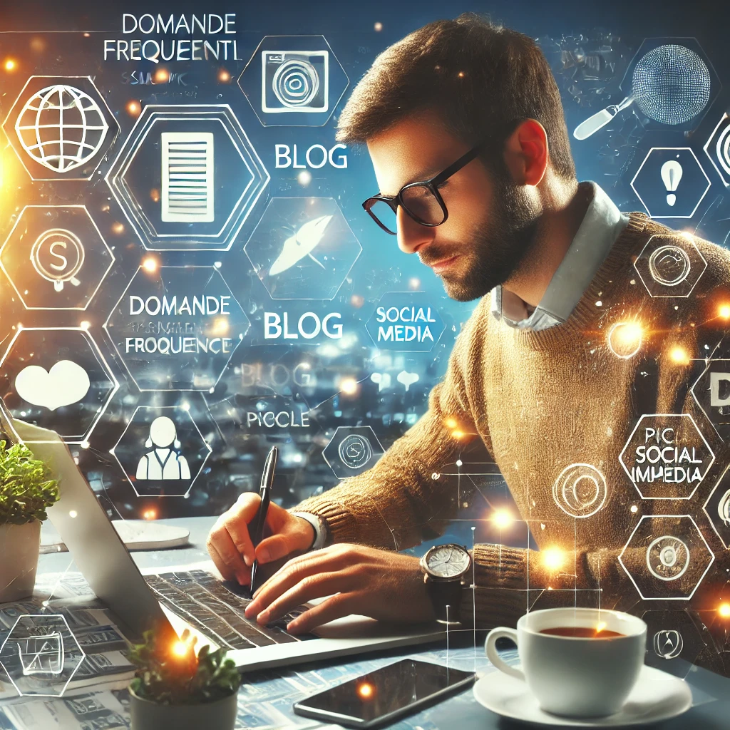 Imprenditore al laptop con icone di contenuti digitali, rappresentanti blog, social media e grafici.